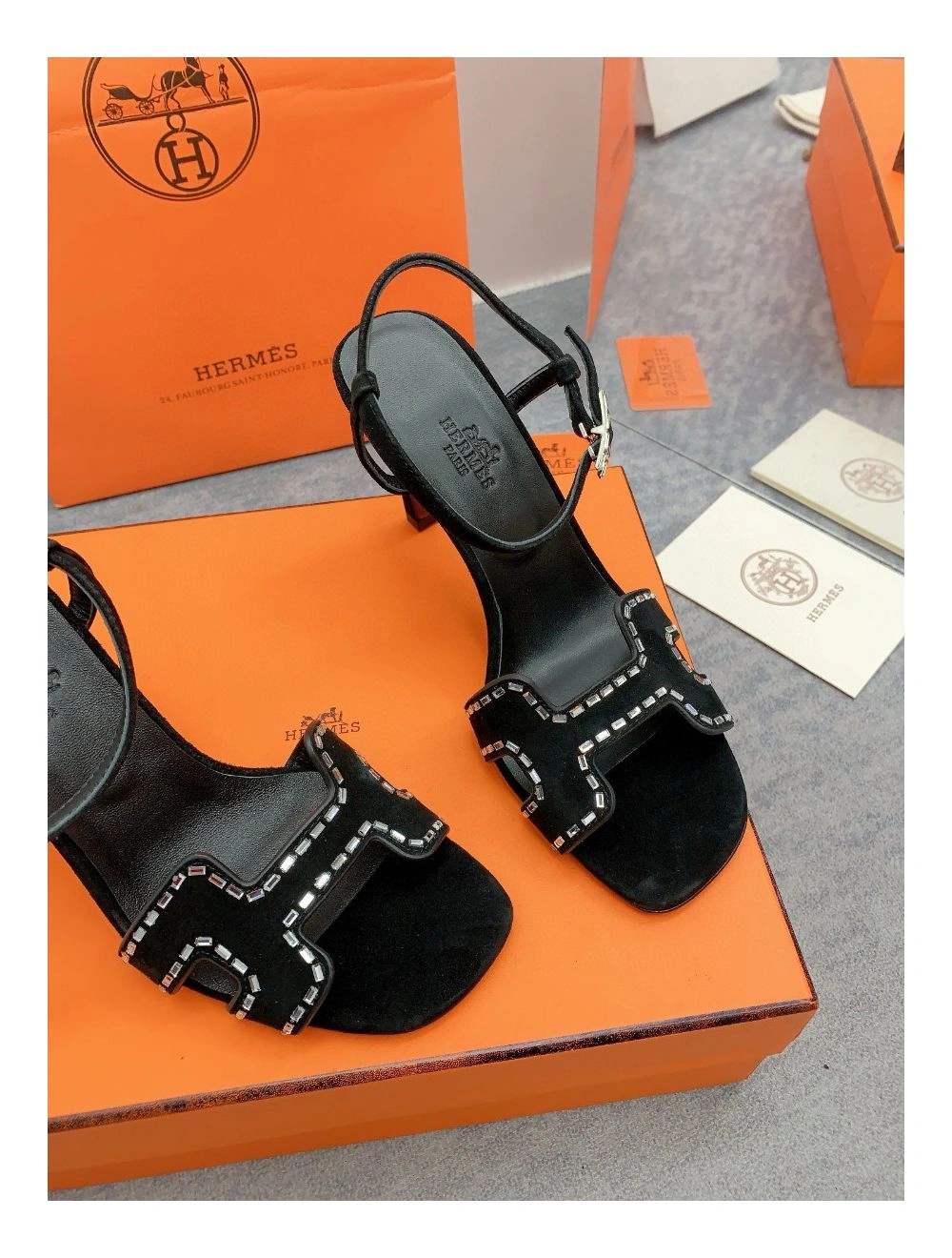 Hermes Heden 80 Sandals in Black Suede Leather with Rhinestone