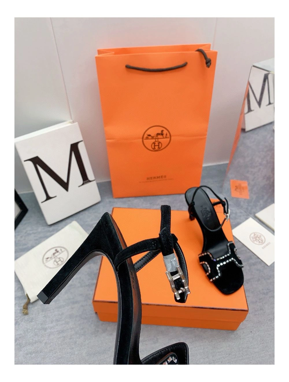 Hermes Heden 80 Sandals in Black Suede Leather with Rhinestone