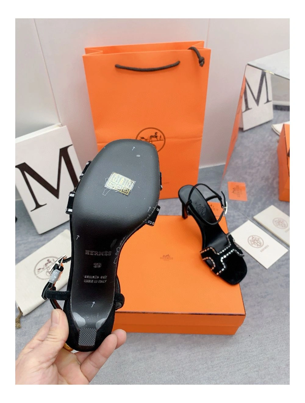 Hermes Heden 80 Sandals in Black Suede Leather with Rhinestone