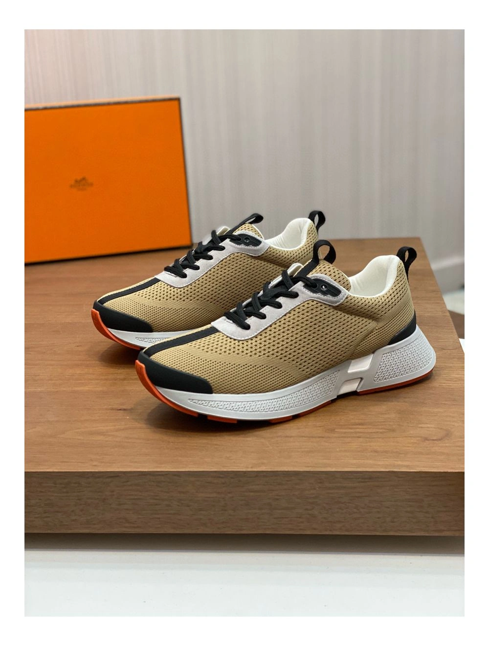 Hermes Heros Sneakers in Khaki Technical Knit