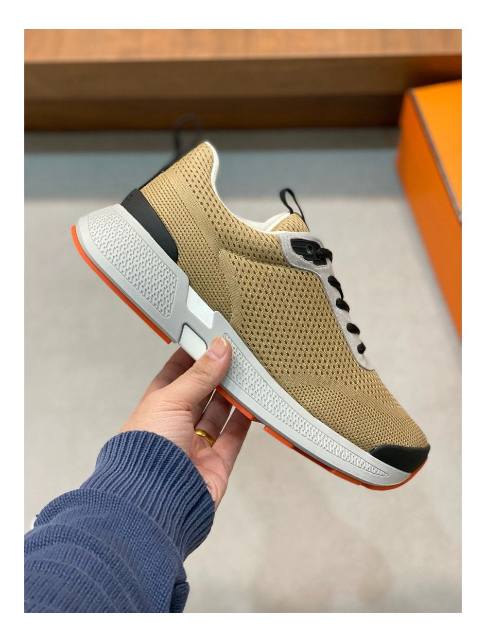 Hermes Heros Sneakers in Khaki Technical Knit