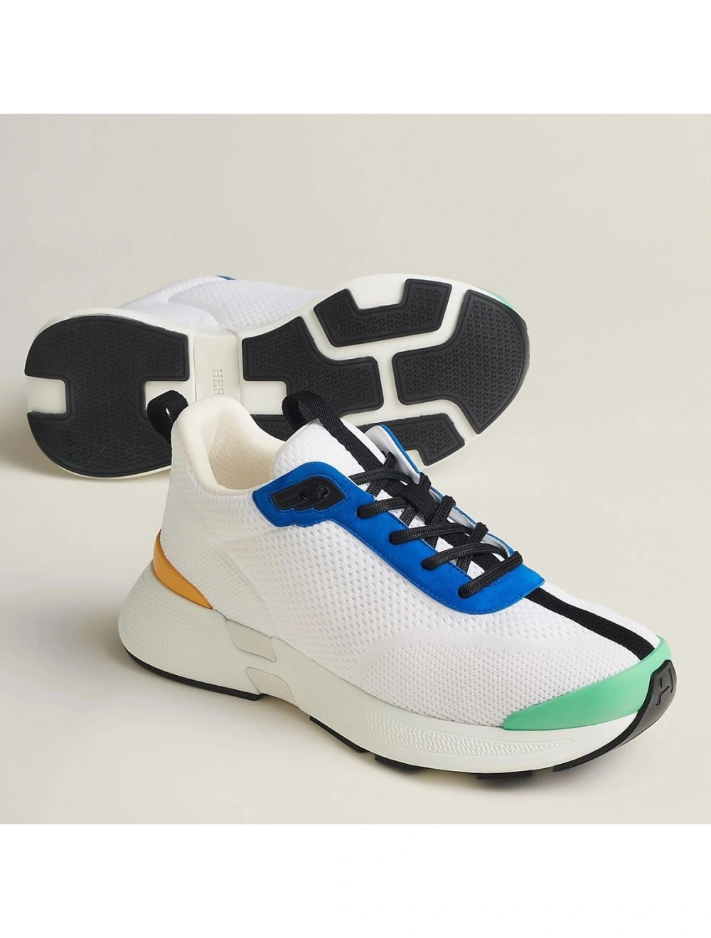 Hermes Heros Sneakers in White Knit and Blue Suede