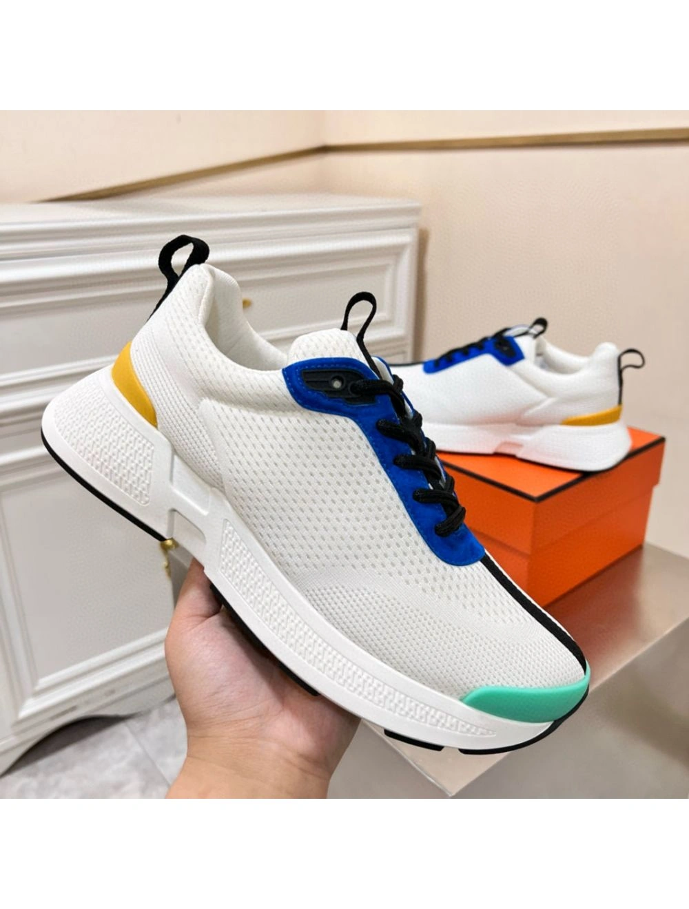 Hermes Heros Sneakers in White Knit and Blue Suede