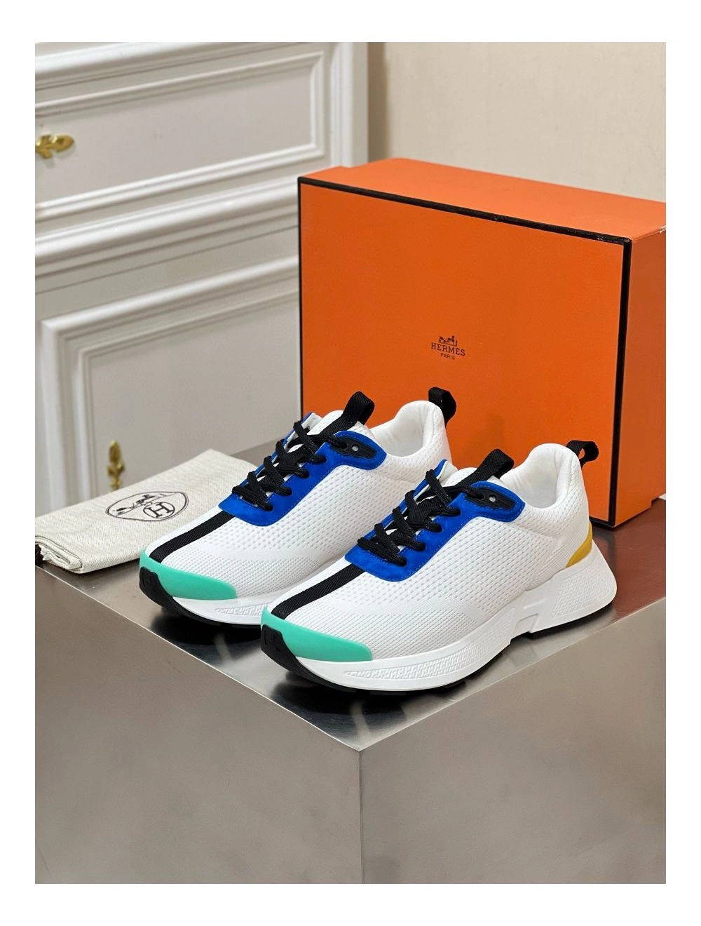 Hermes Heros Sneakers in White Knit and Blue Suede