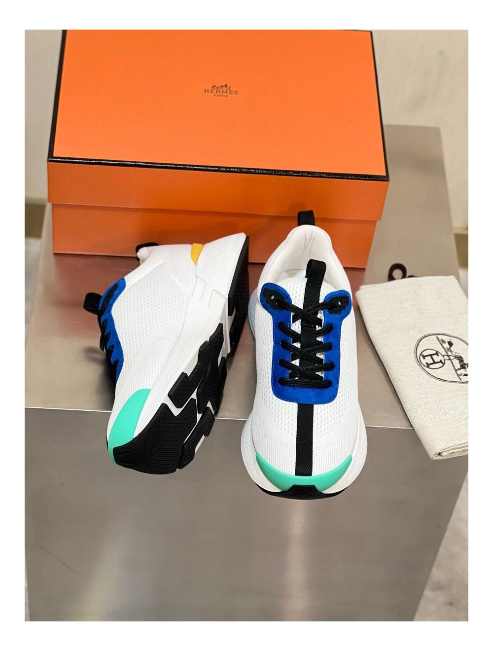 Hermes Heros Sneakers in White Knit and Blue Suede