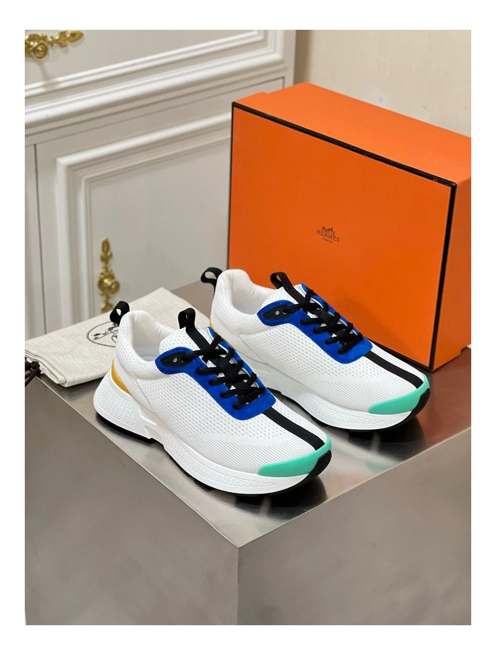 Hermes Heros Sneakers in White Knit and Blue Suede