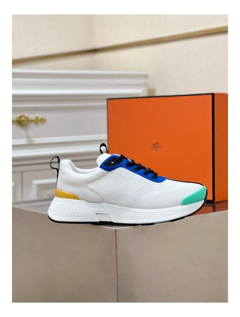 Hermes Heros Sneakers in White Knit and Blue Suede