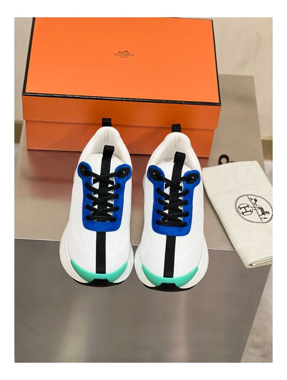 Hermes Heros Sneakers in White Knit and Blue Suede