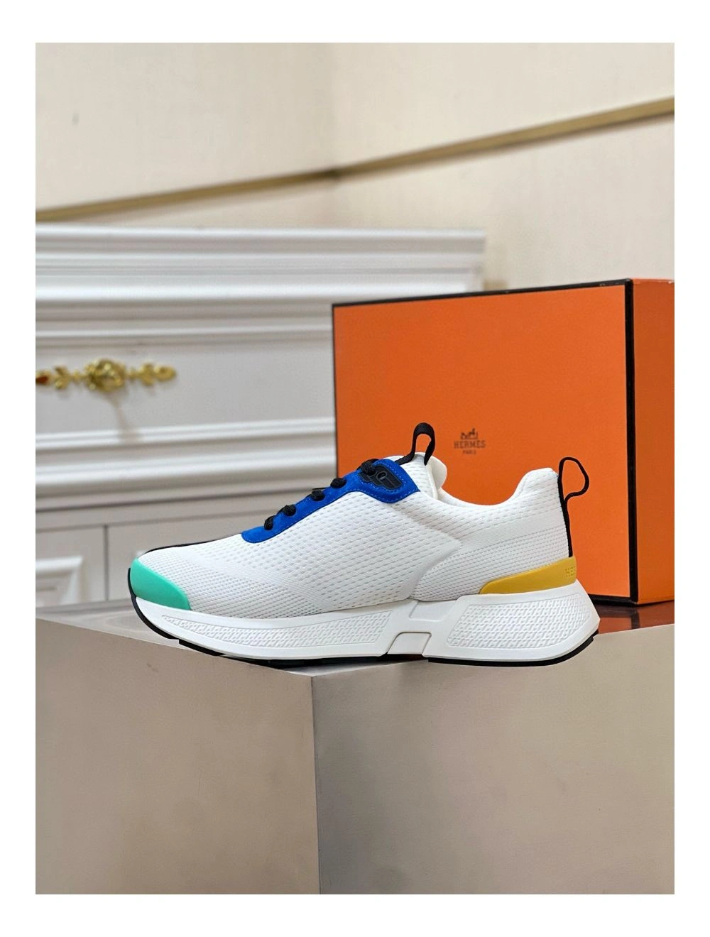 Hermes Heros Sneakers in White Knit and Blue Suede