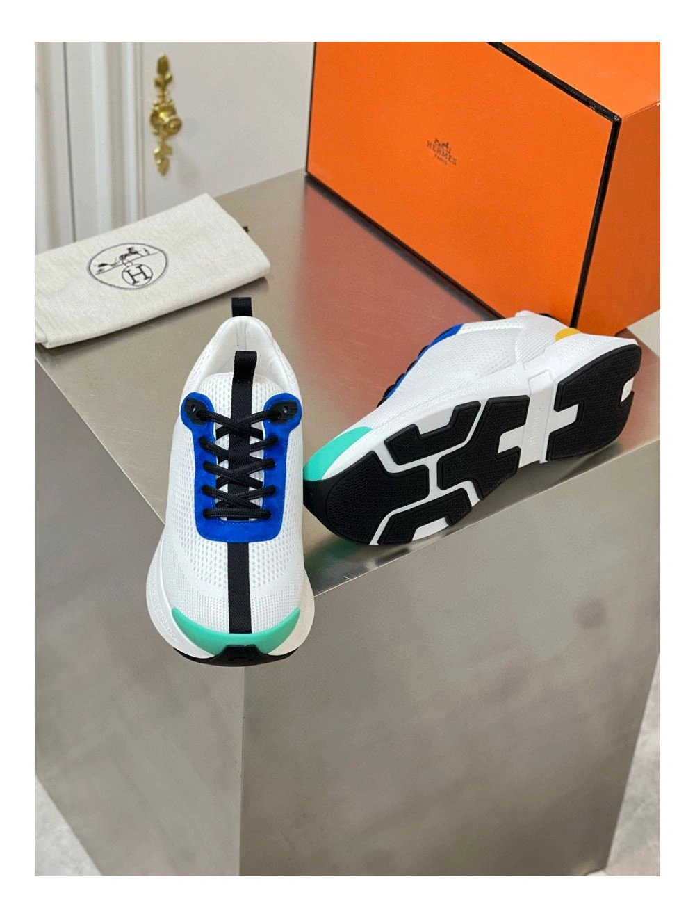 Hermes Heros Sneakers in White Knit and Blue Suede