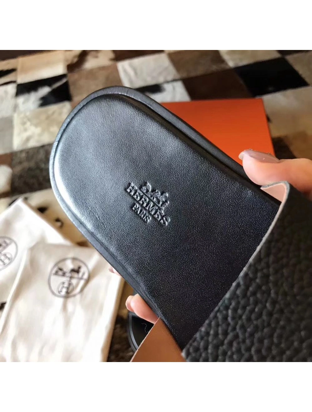 Hermes Izmir Sandals In Black Clemence Leather