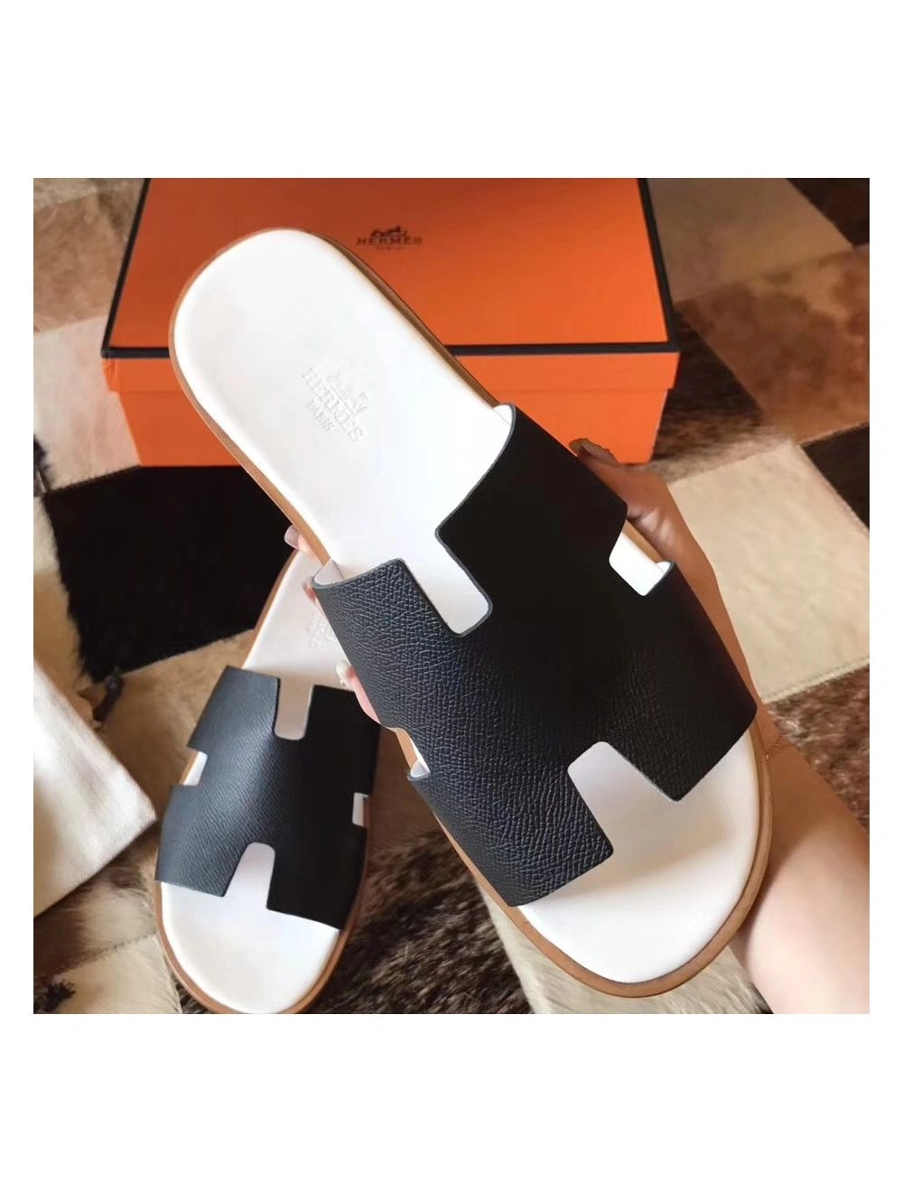 Hermes Izmir Sandals In Black Epsom Leather