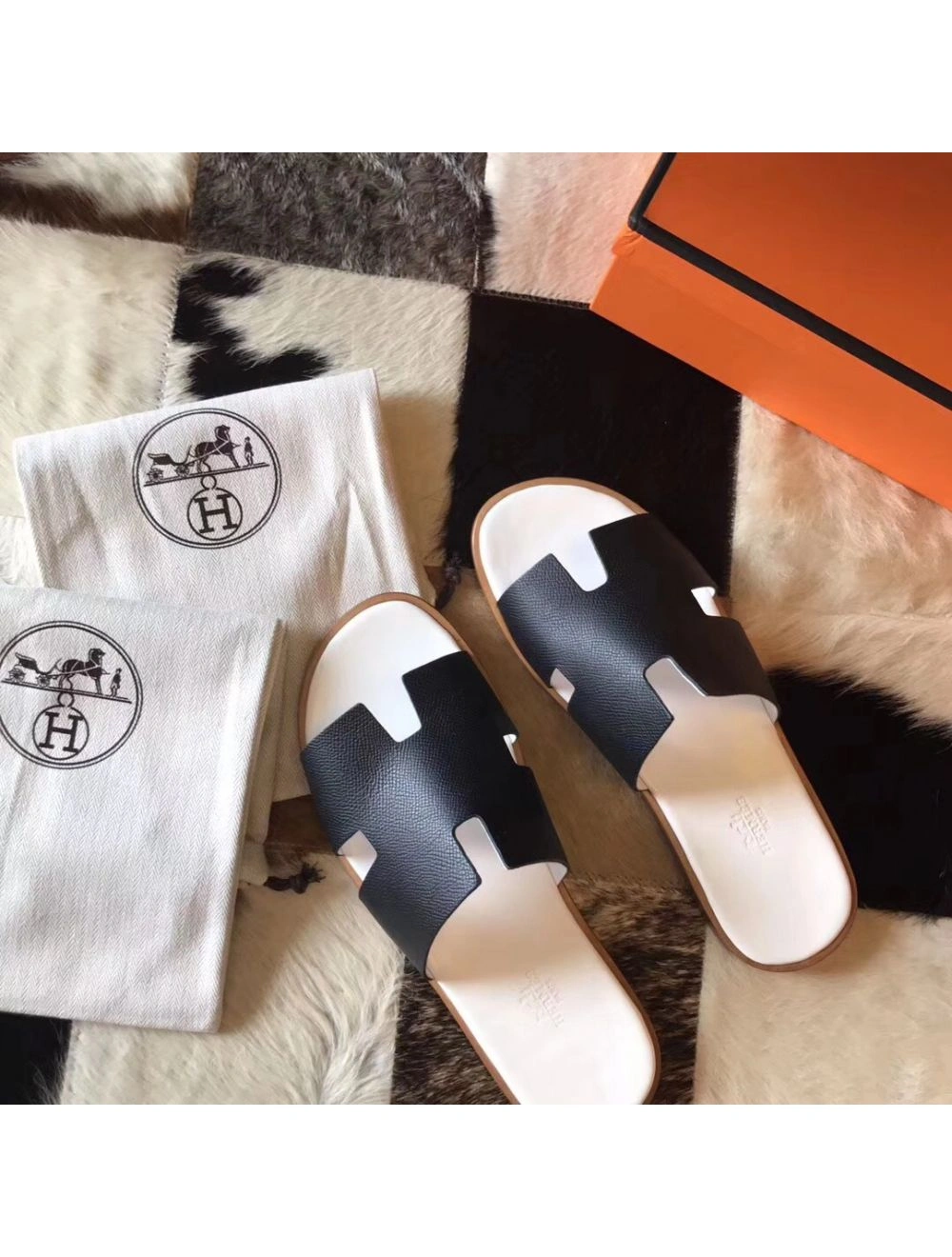 Hermes Izmir Sandals In Black Epsom Leather