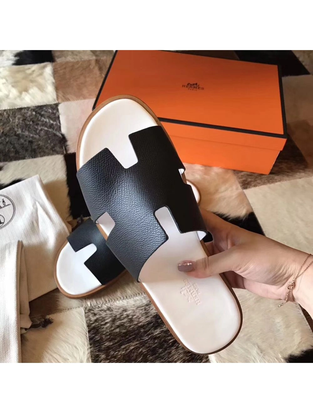 Hermes Izmir Sandals In Black Epsom Leather