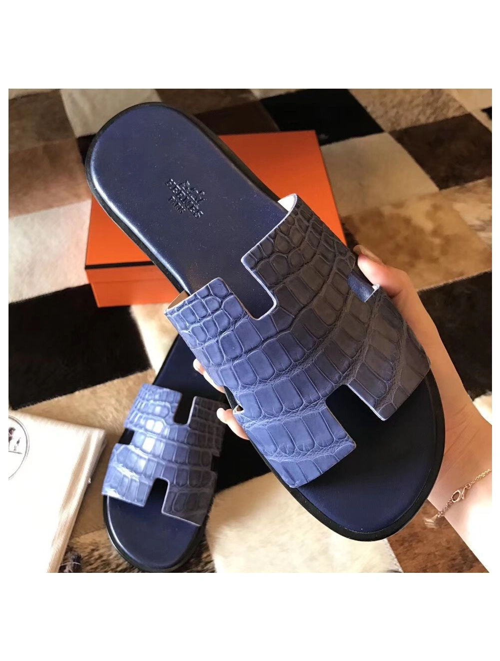 Hermes Izmir Sandals In Blue Matte Niloticus Crocodile