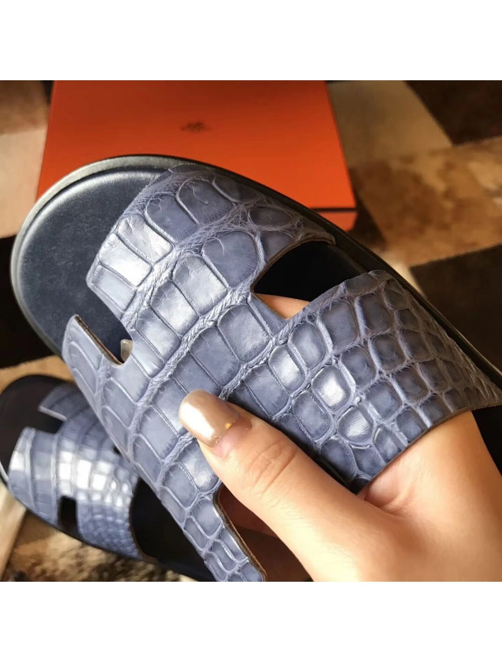 Hermes Izmir Sandals In Blue Matte Niloticus Crocodile