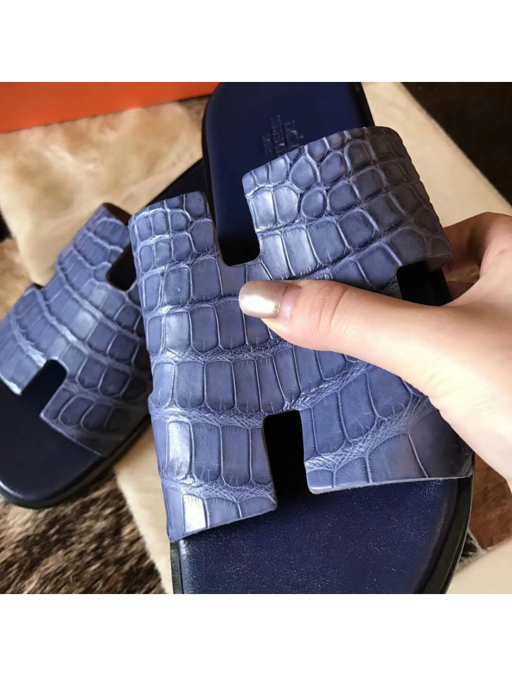 Hermes Izmir Sandals In Blue Matte Niloticus Crocodile