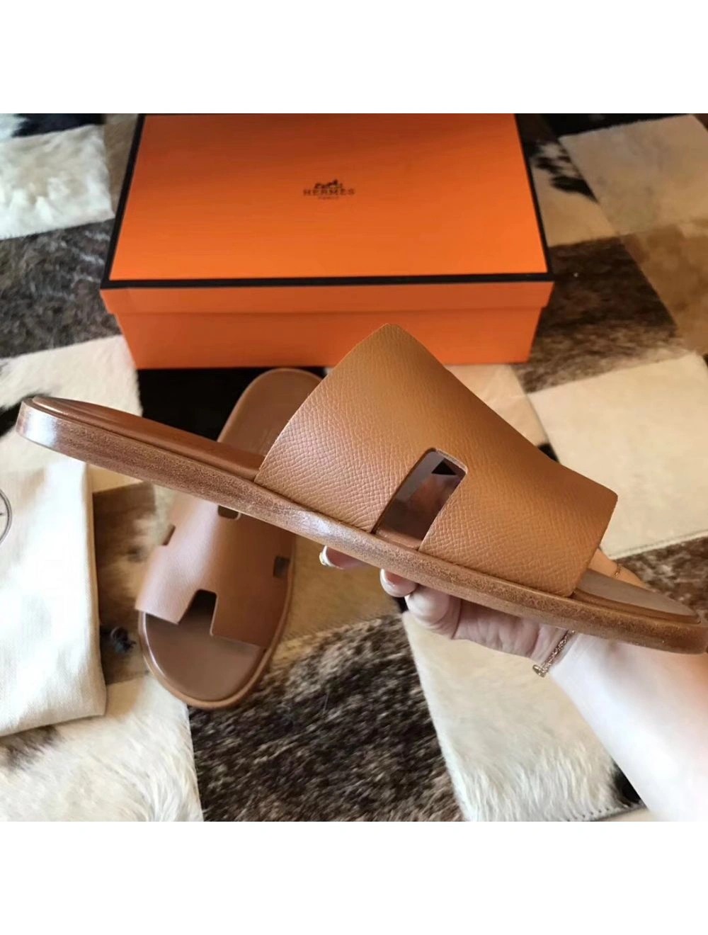 Hermes Izmir Sandals In Brown Epsom Leather