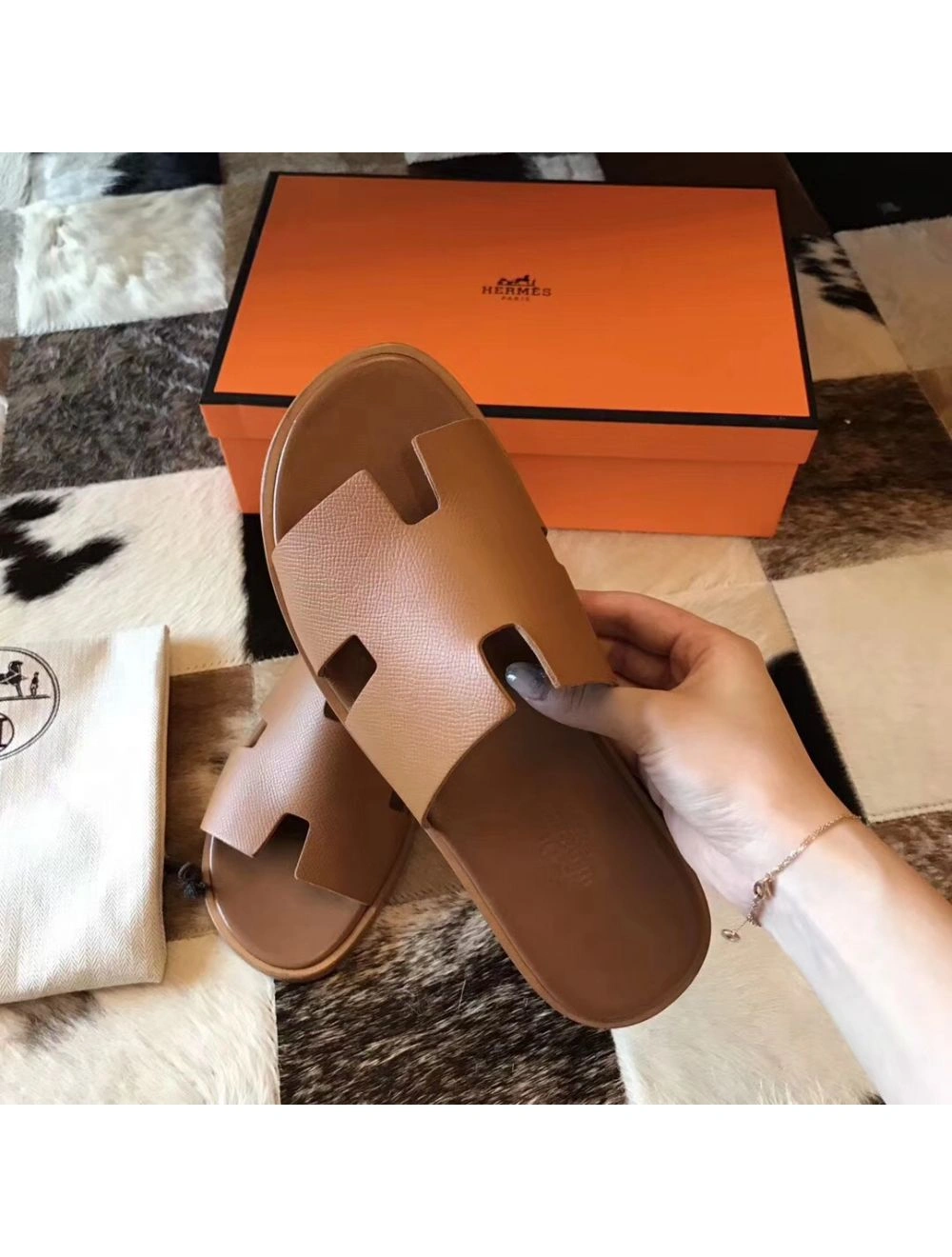 Hermes Izmir Sandals In Brown Epsom Leather