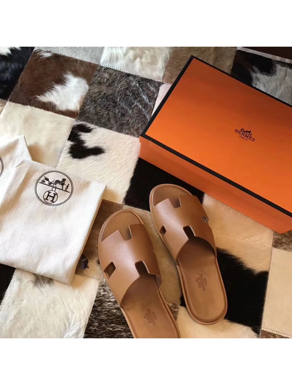 Hermes Izmir Sandals In Brown Epsom Leather