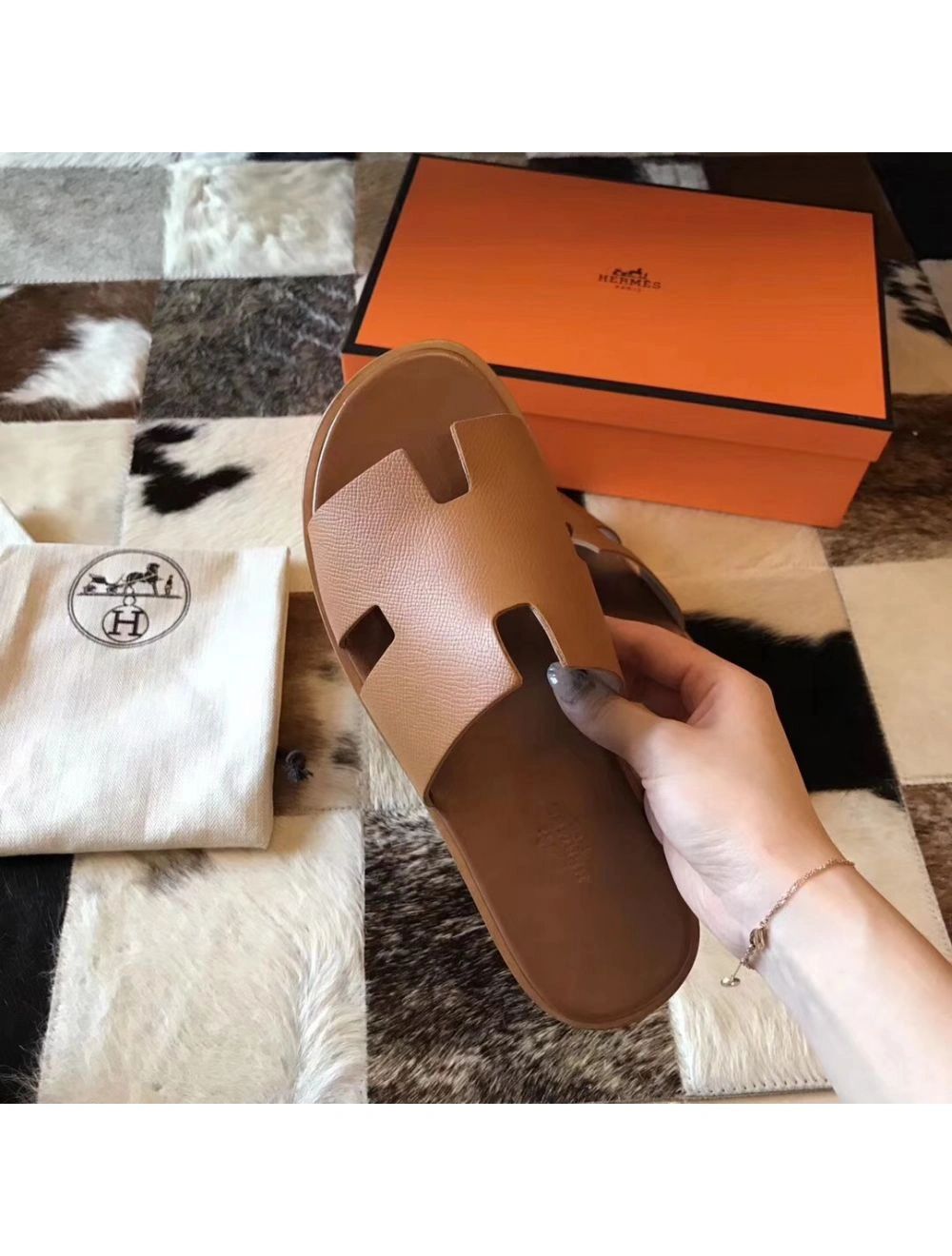 Hermes Izmir Sandals In Brown Epsom Leather