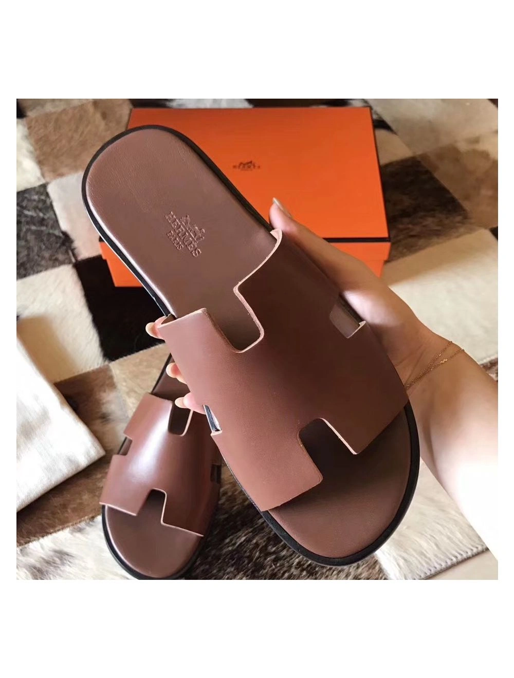 Hermes Izmir Sandals In Camarel Swift Leather