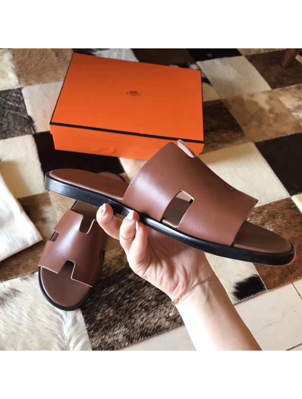 Hermes Izmir Sandals In Camarel Swift Leather