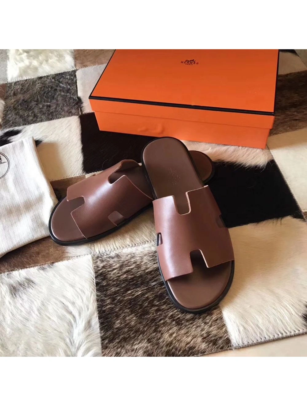 Hermes Izmir Sandals In Camarel Swift Leather