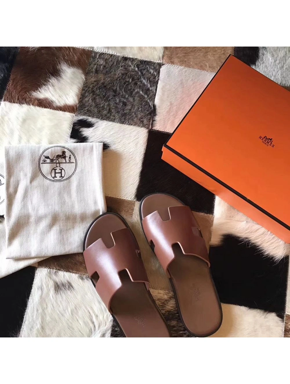 Hermes Izmir Sandals In Camarel Swift Leather