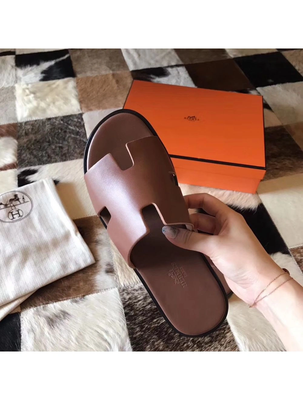 Hermes Izmir Sandals In Camarel Swift Leather