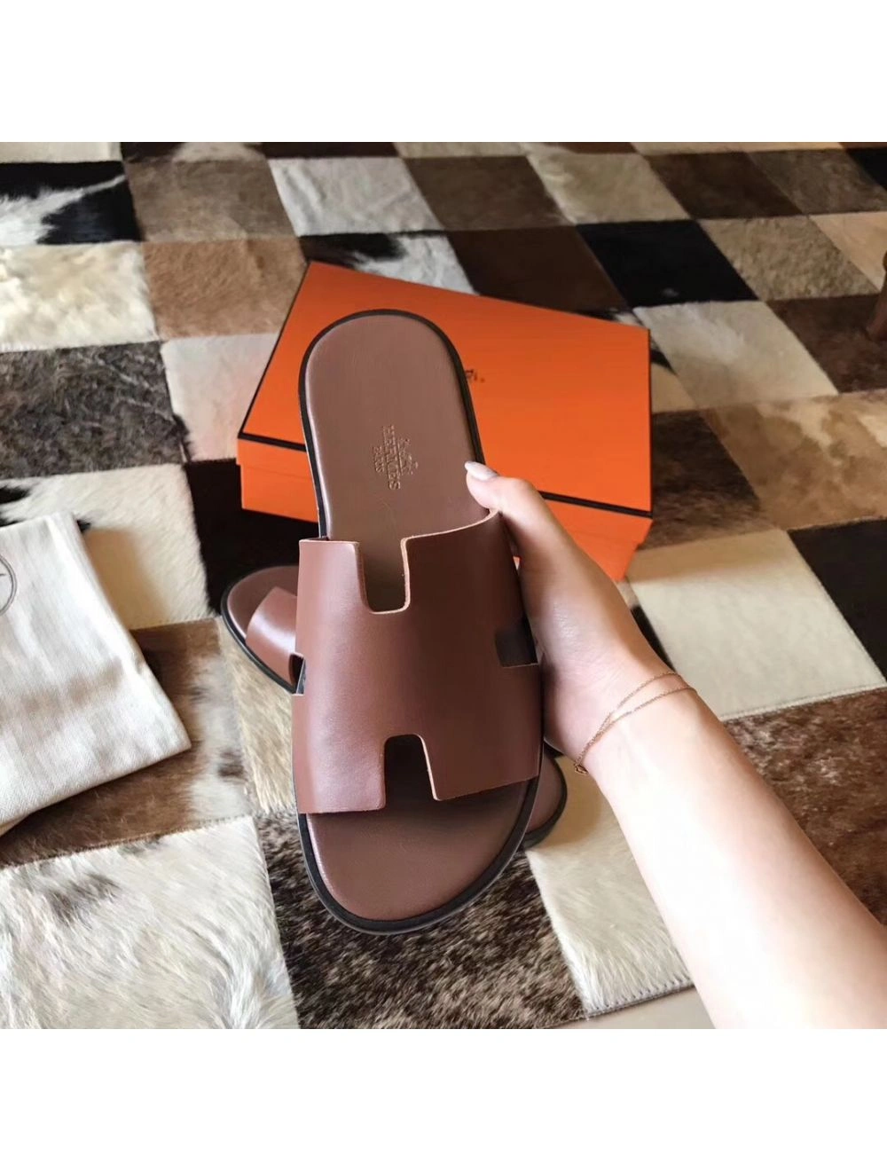 Hermes Izmir Sandals In Camarel Swift Leather