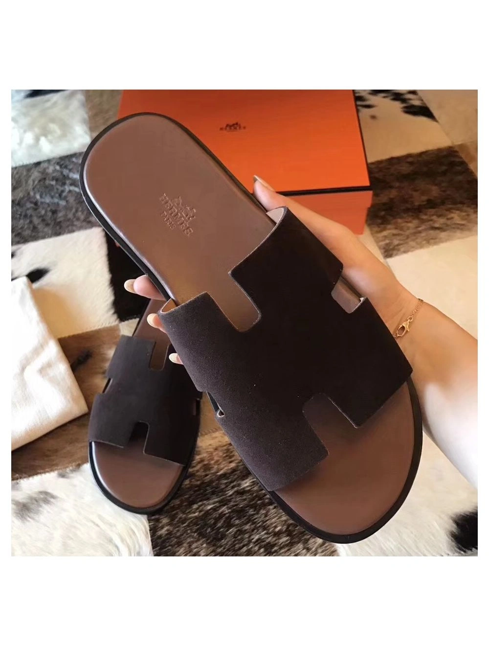 Hermes Izmir Sandals In Chocolate Suede Leather