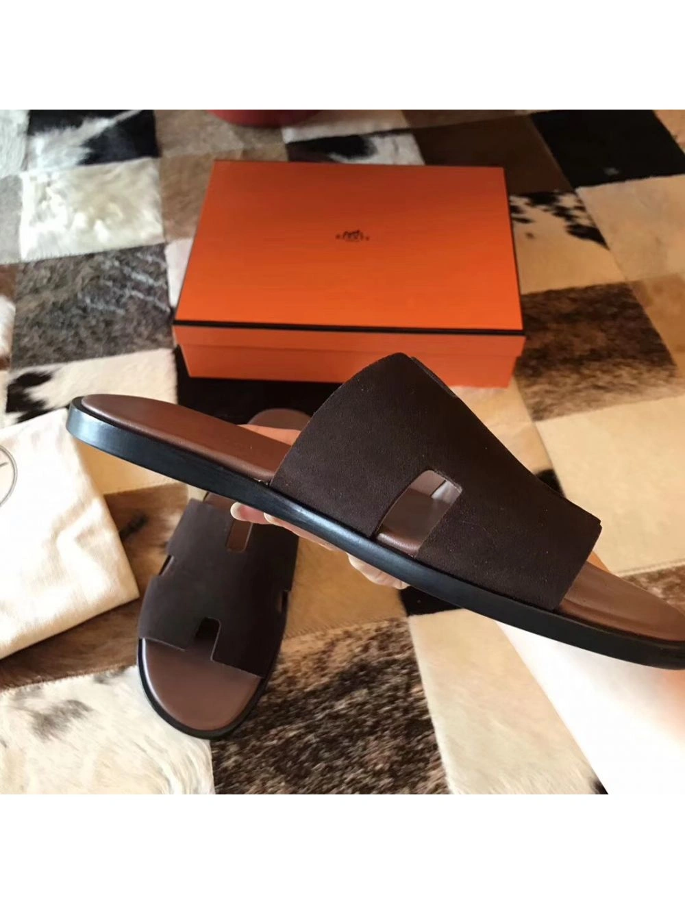 Hermes Izmir Sandals In Chocolate Suede Leather