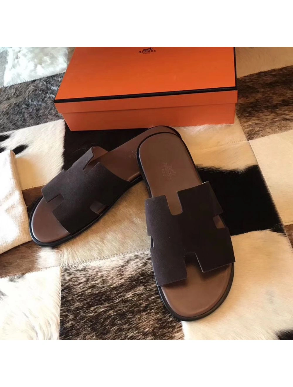 Hermes Izmir Sandals In Chocolate Suede Leather