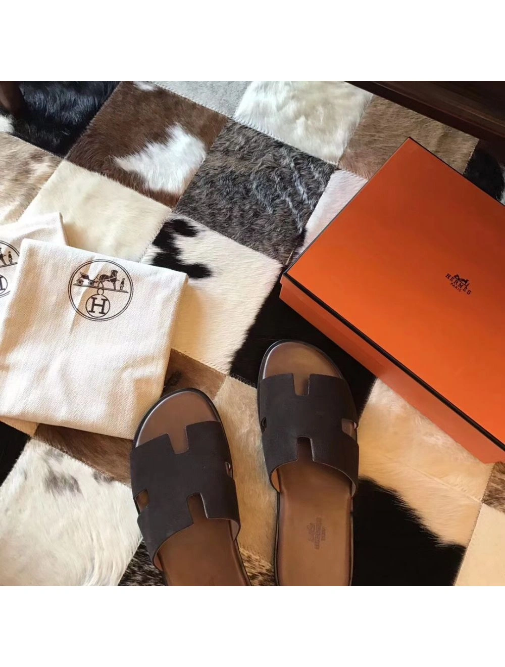 Hermes Izmir Sandals In Chocolate Suede Leather