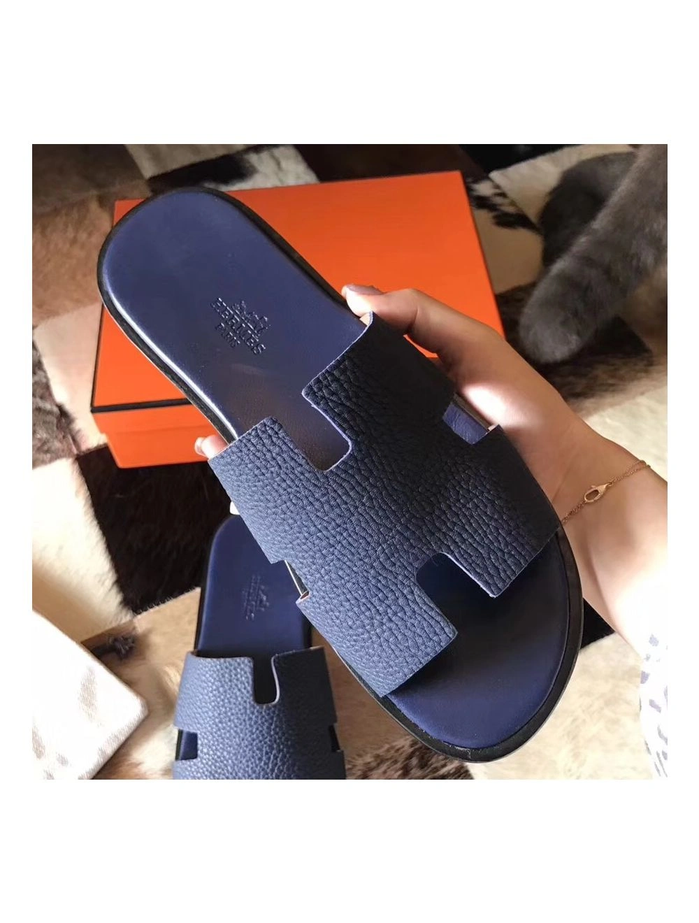 Hermes Izmir Sandals In Navy Blue Clemence Leather