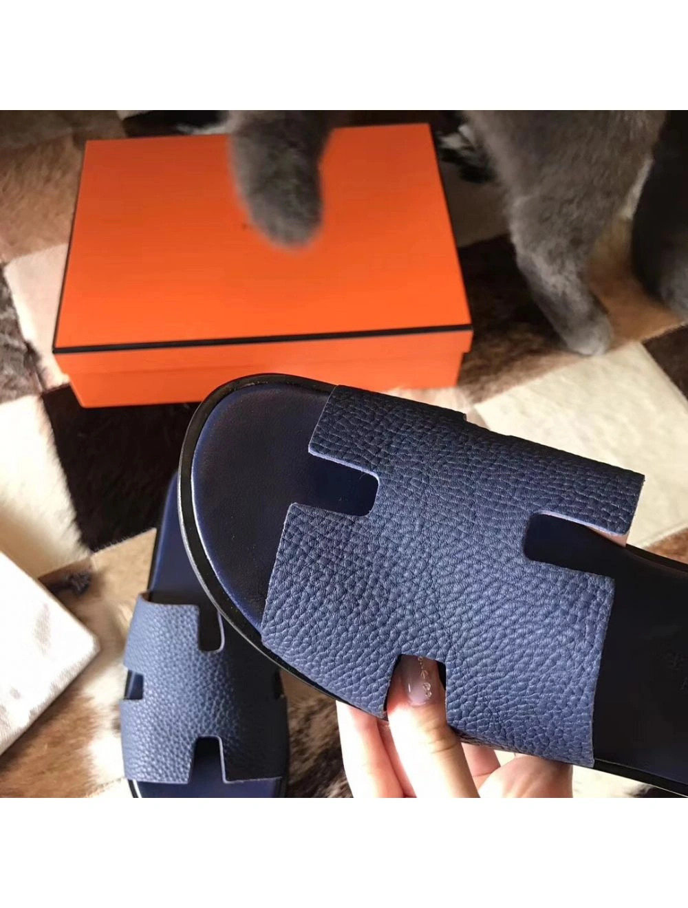 Hermes Izmir Sandals In Navy Blue Clemence Leather