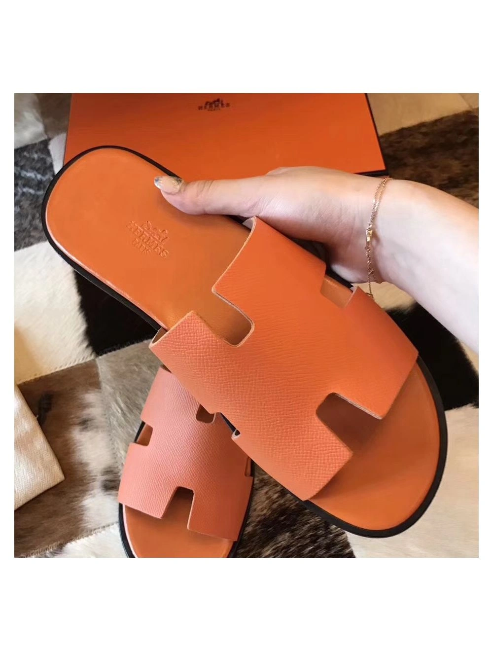 Hermes Izmir Sandals In Orange Epsom Leather