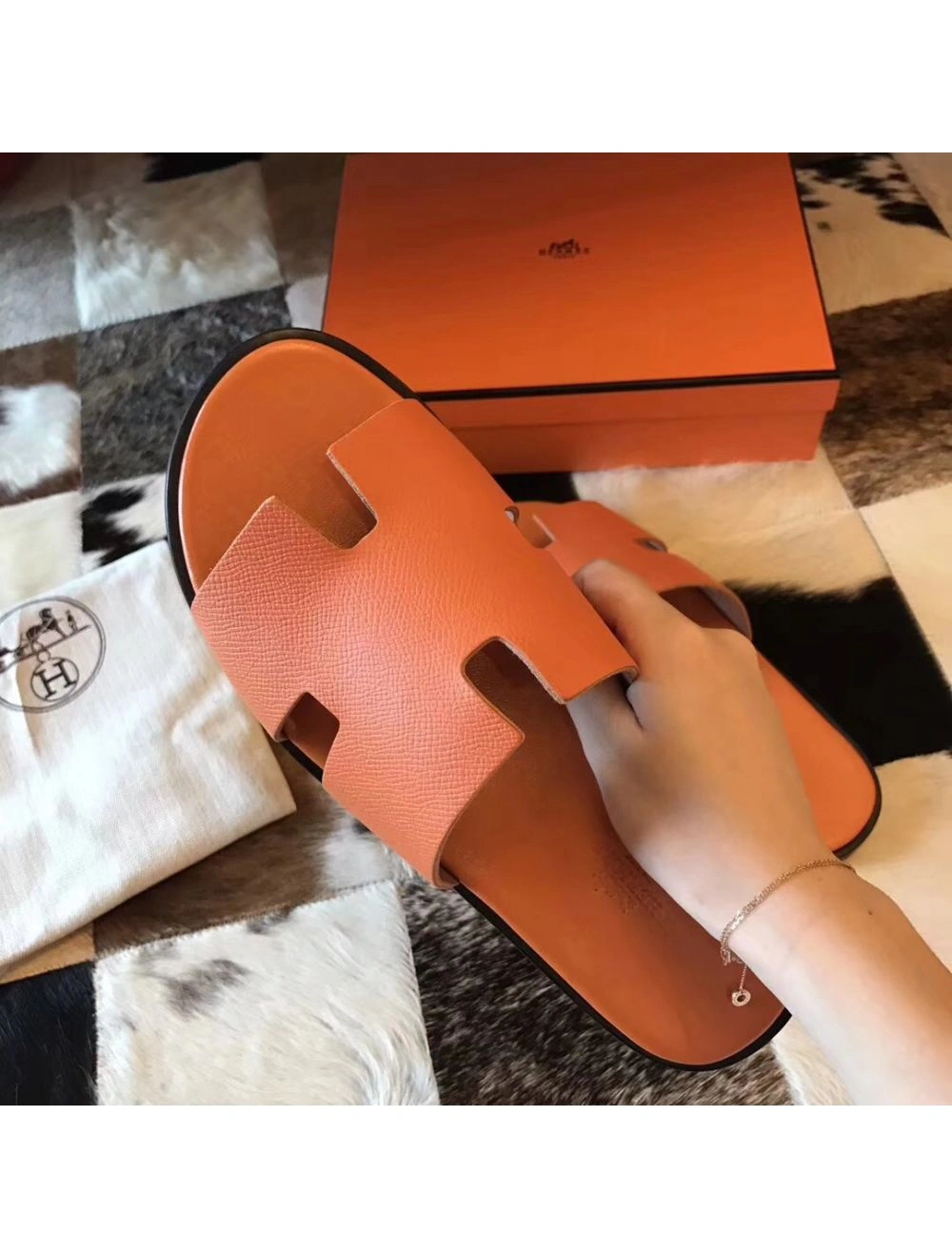 Hermes Izmir Sandals In Orange Epsom Leather
