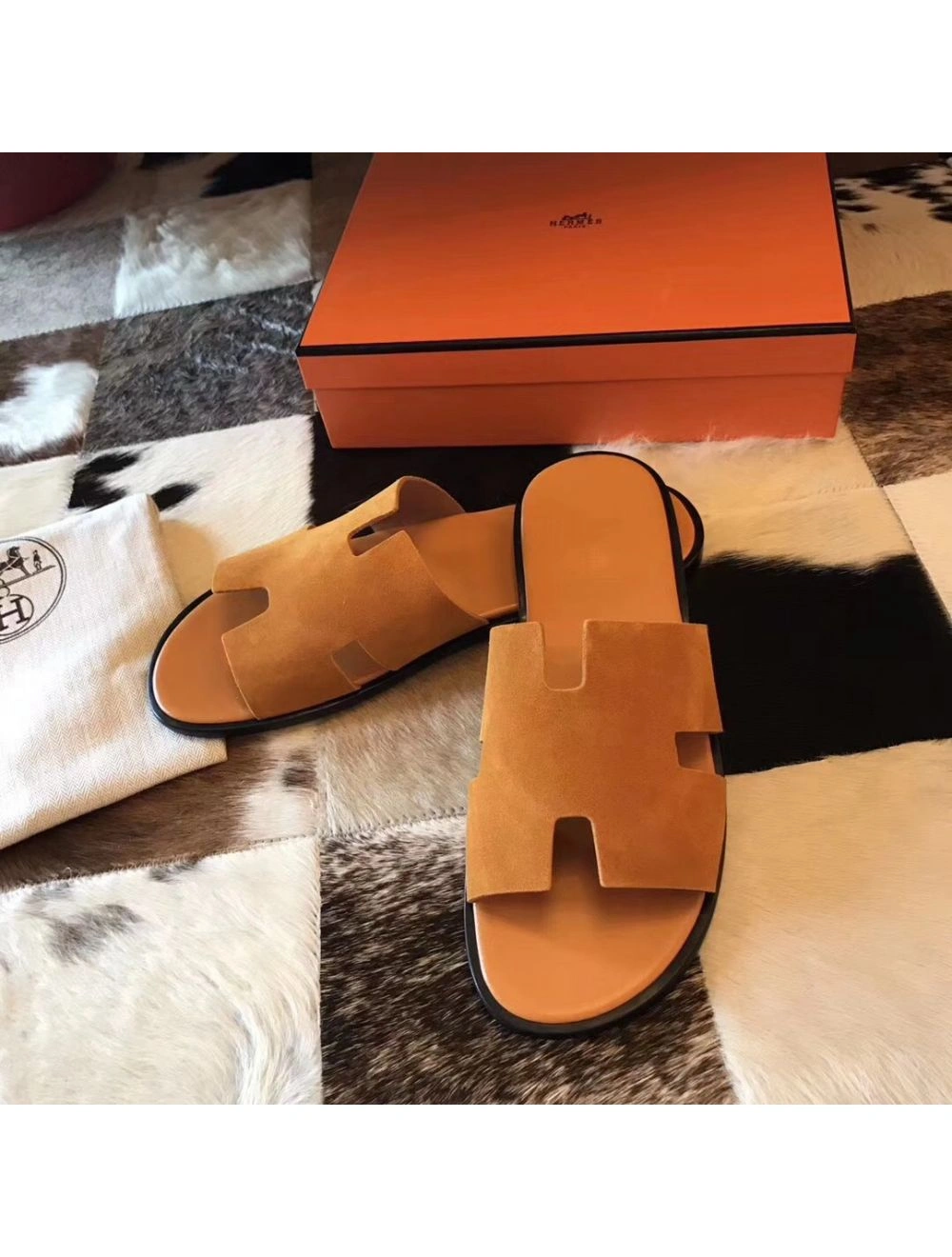 Hermes Izmir Sandals In Orange Suede Leather