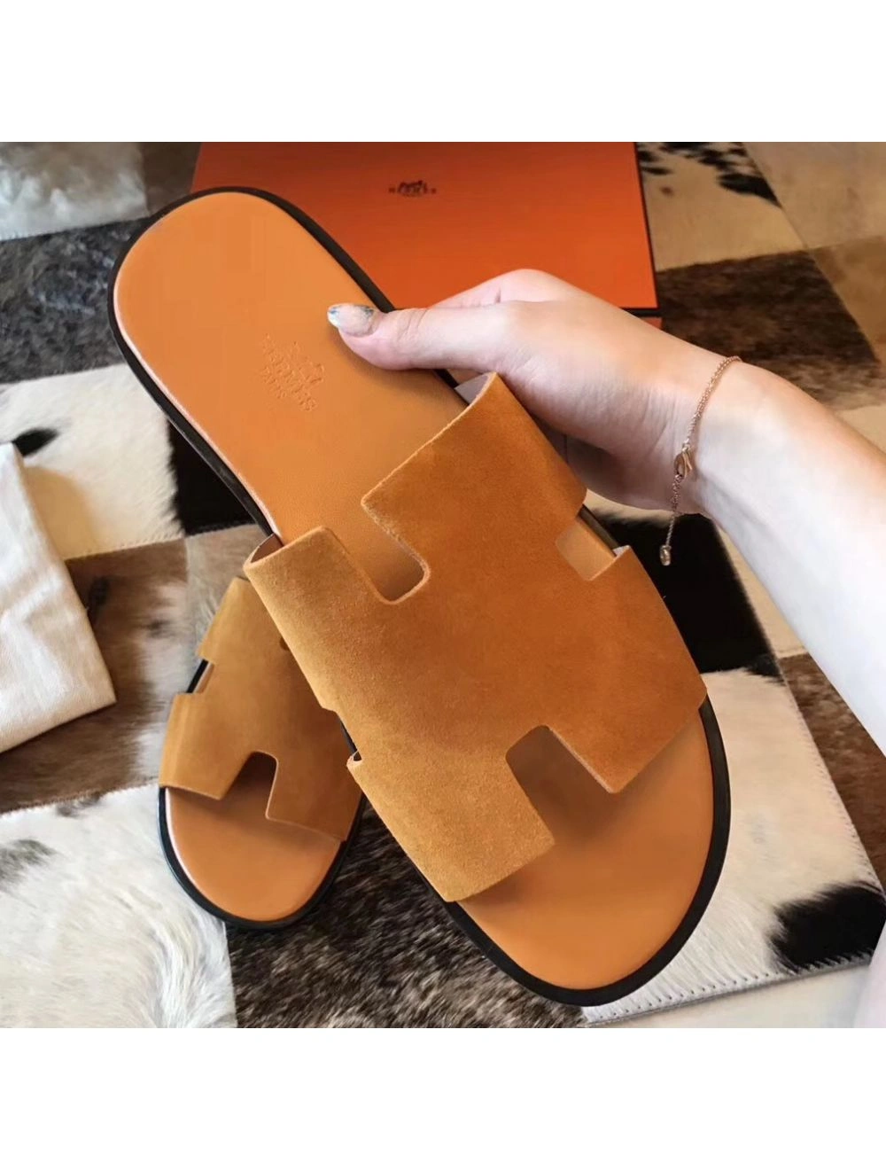Hermes Izmir Sandals In Orange Suede Leather