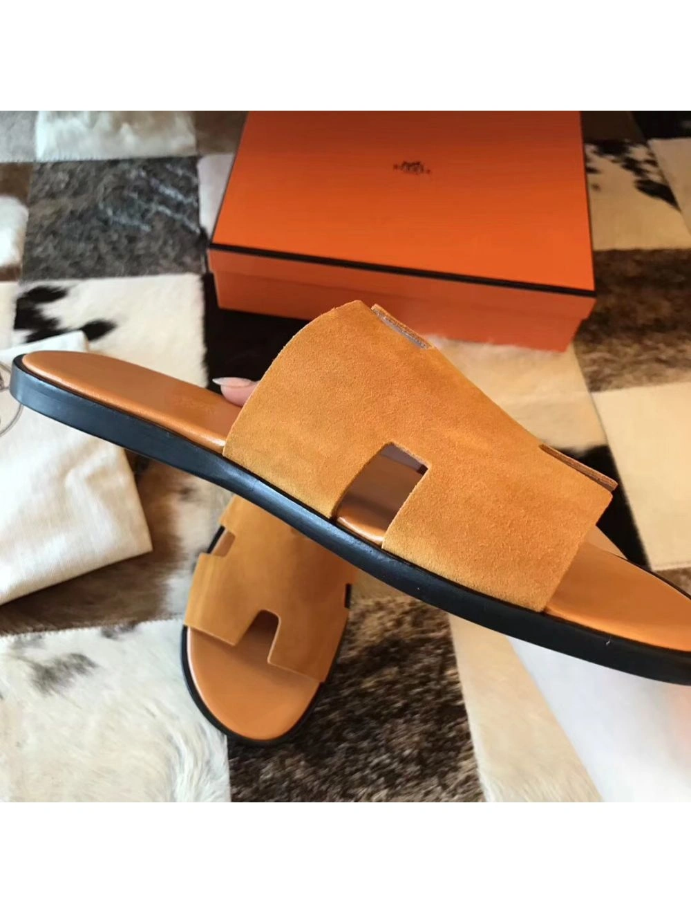 Hermes Izmir Sandals In Orange Suede Leather