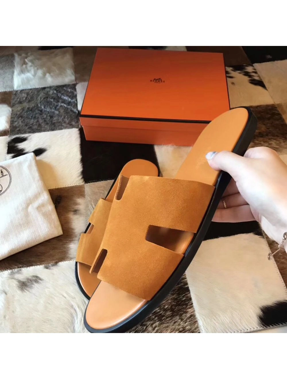 Hermes Izmir Sandals In Orange Suede Leather