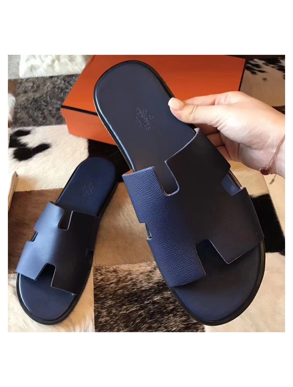 Hermes Izmir Sandals In Sapphire Epsom Leather