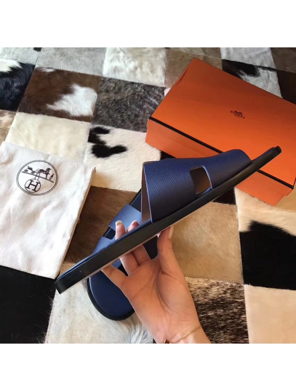 Hermes Izmir Sandals In Sapphire Epsom Leather