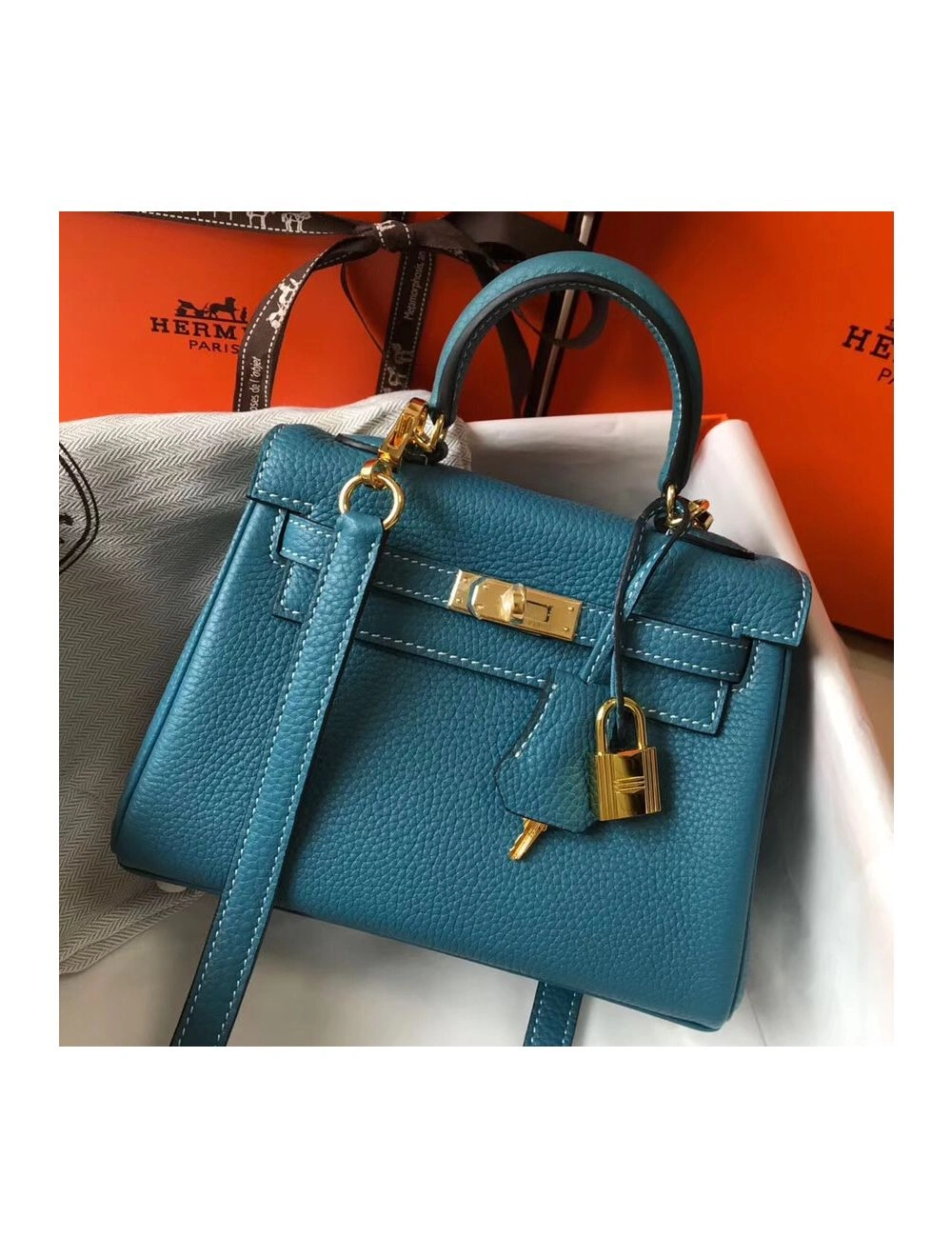 Hermes Kelly 20cm Bag In Blue Jean Clemence Leather GHW