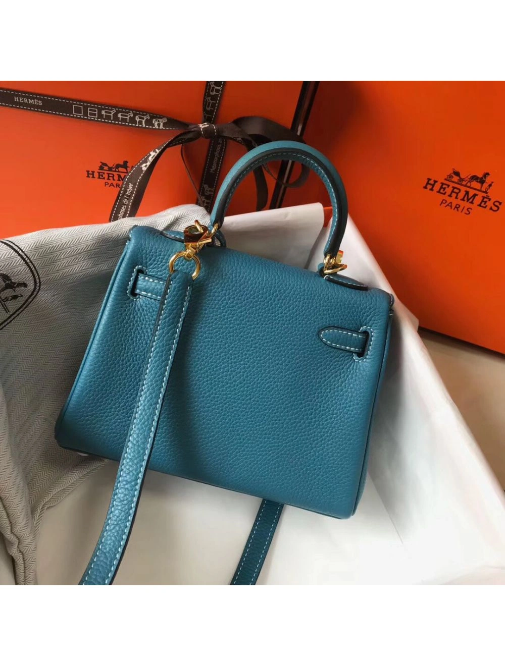 Hermes Kelly 20cm Bag In Blue Jean Clemence Leather GHW