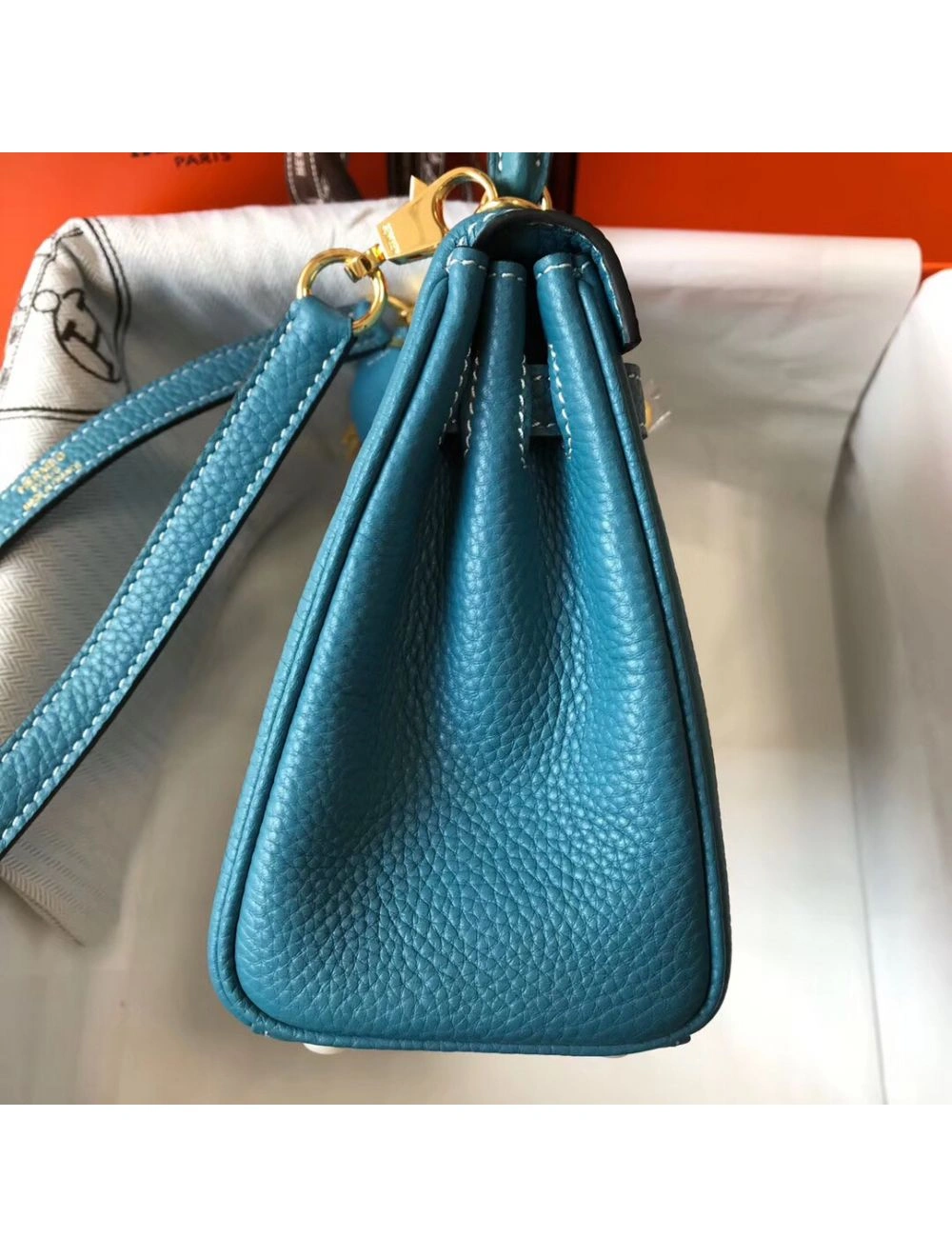 Hermes Kelly 20cm Bag In Blue Jean Clemence Leather GHW