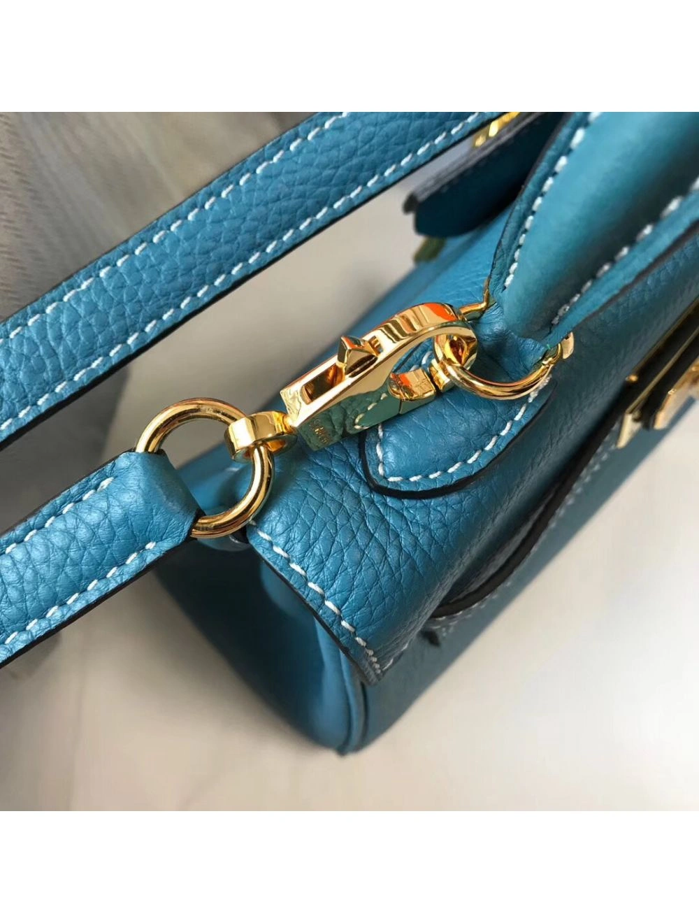 Hermes Kelly 20cm Bag In Blue Jean Clemence Leather GHW
