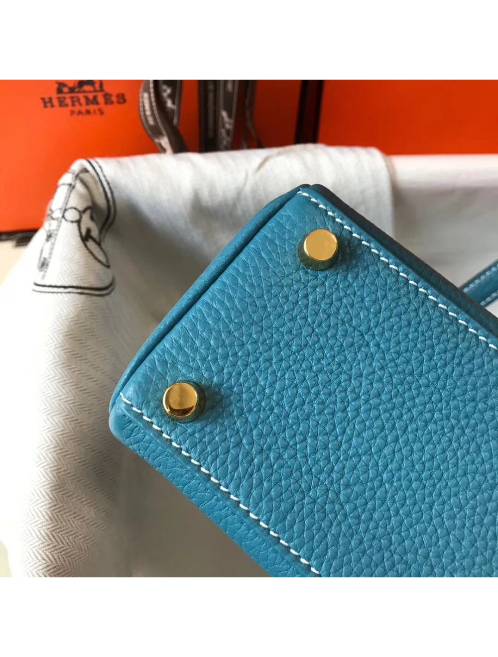 Hermes Kelly 20cm Bag In Blue Jean Clemence Leather GHW